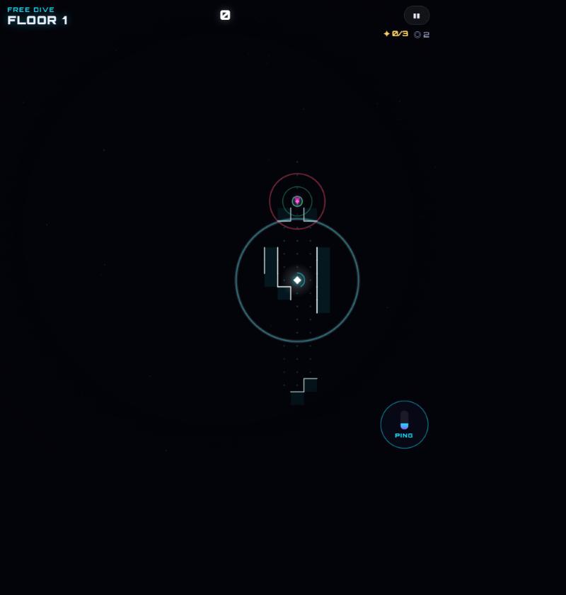 ECHO 1.0의 2D 화면. 어두운 배경에 핑으로 드러난 벽 윤곽선이 시안색으로 빛난다