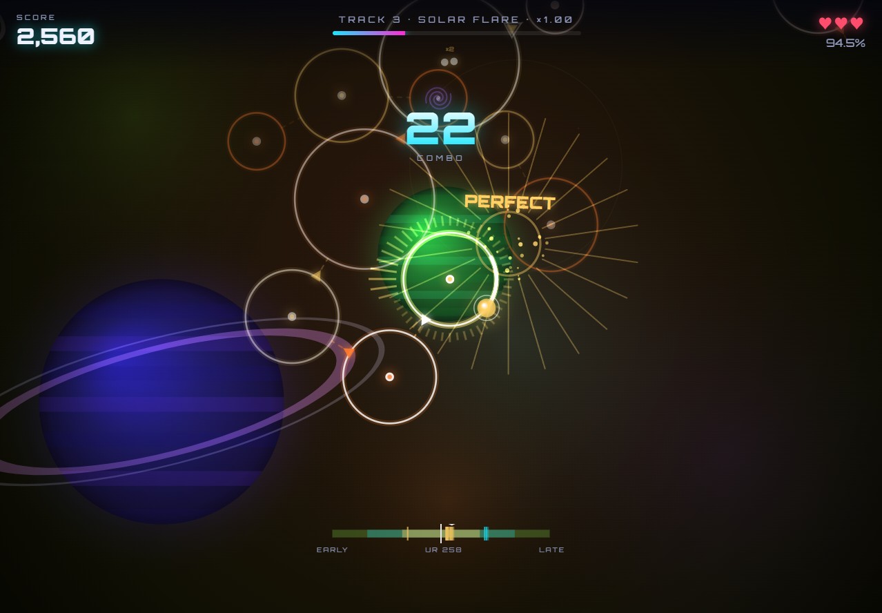ORBIT RUSH 플레이 화면 하단에 EARLY와 LATE 사이 색 구간 위로 최근 입력 눈금과 UR 258이 표시된 히트 에러 바